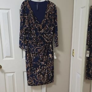 Chaps Navy and Gold Long Sleeve Dress